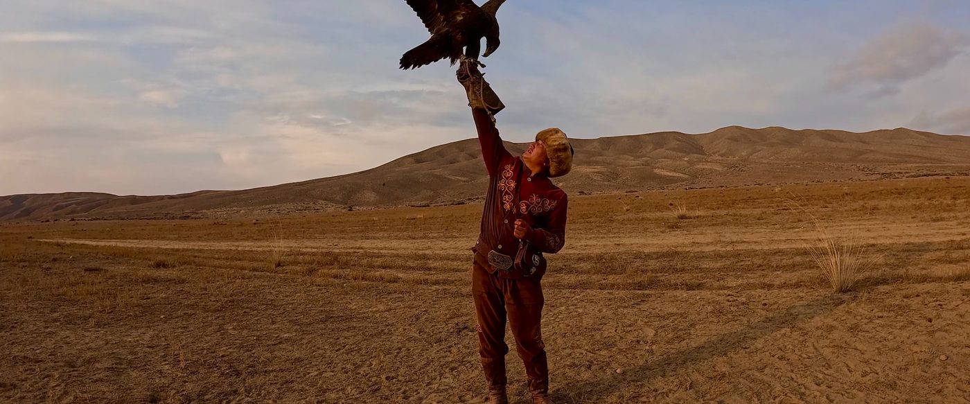 A golden eagle landing on the gloved arm of a hunter in traditional embroidered dress and a fur hat, alone on open steppe beneath bare hills.