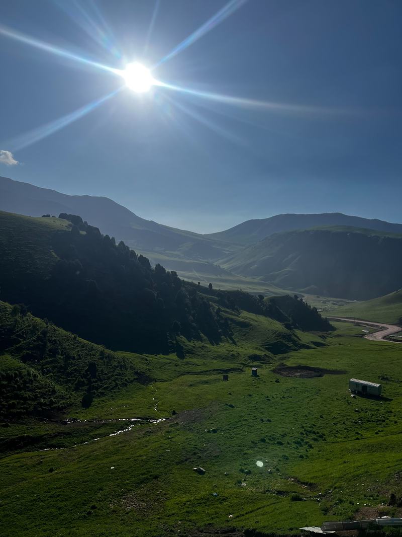 A green summer valley with a stream running through grazing land, forested slopes on one side and mountains beyond, the sun high and flaring.